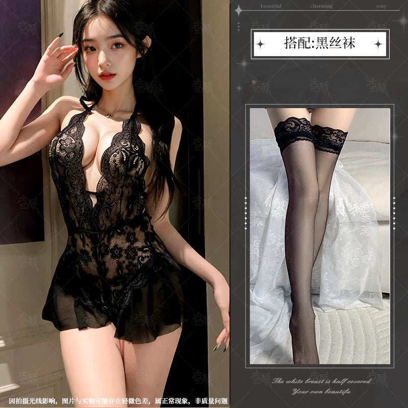 Image of Night Crisp Purple Erotic Lingerie Sexy Lace Uniform Cutout Open Jumpsuit Hot Pure Desire Pajama Dress 8012 - Black